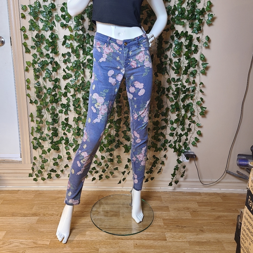 Springfield Women's Casual Feminine Floral Roses Blue Skinny Jeans